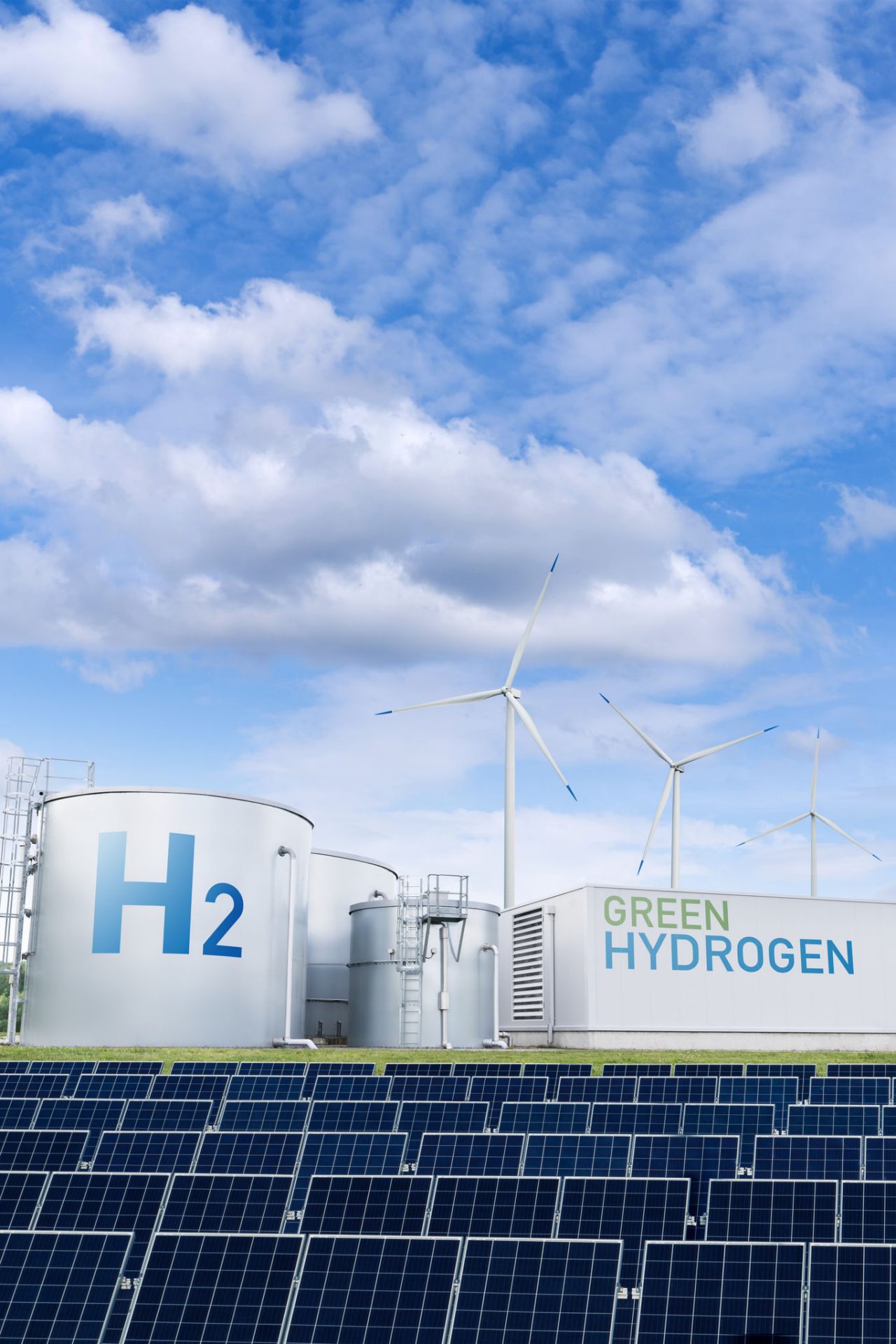 Green hydrogen factory concept. Hydrogen production from renewable energy sources.